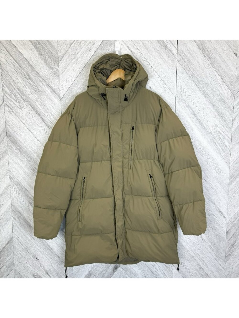 Zara Hooded Puffer Jacket Winter Parka Khaki Tan Utility Coat Mens Size Large